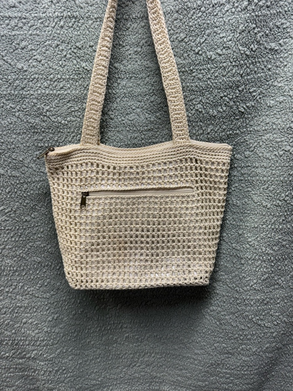 Cream Crochet Tote Bag with Front Zip Pocket